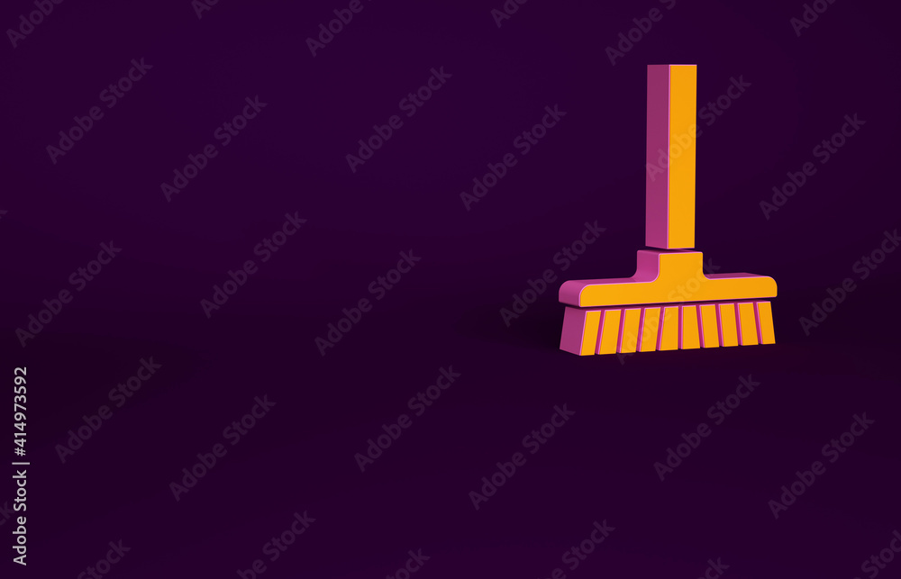 橙色手柄扫帚图标隔离在紫色背景上。清洁服务理念。极简主义理念