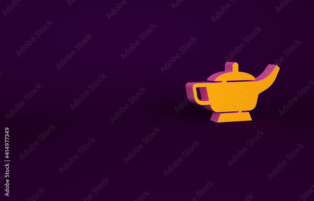 Orange Magic lamp or Aladdin lamp icon isolated on purple background. Spiritual lamp for wish. Minim