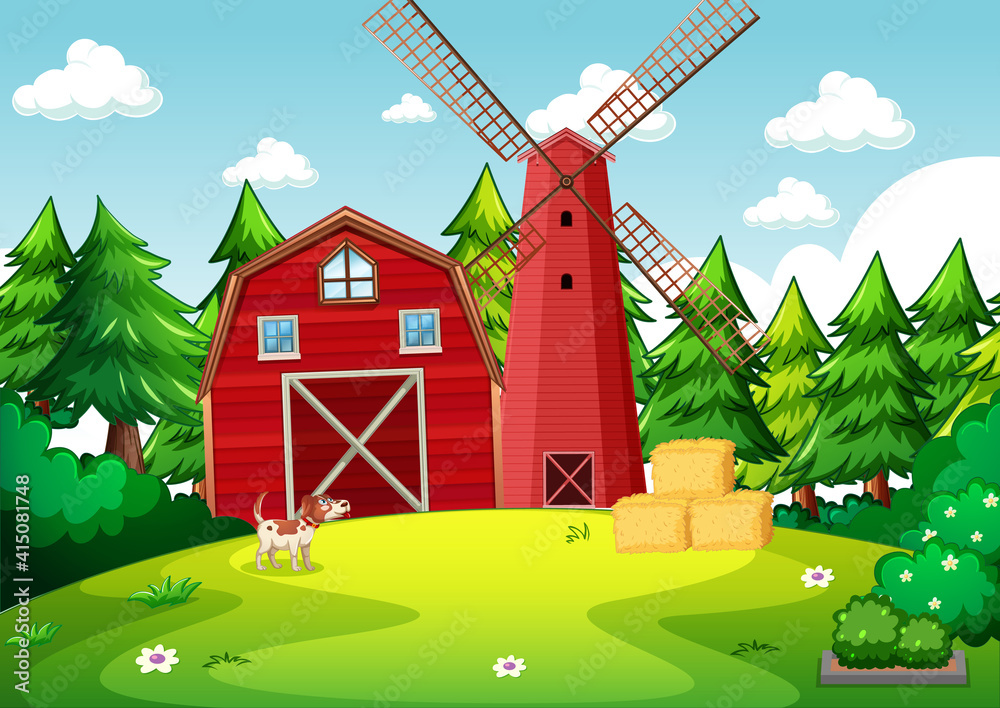 农场里红色谷仓和风车的背景场景