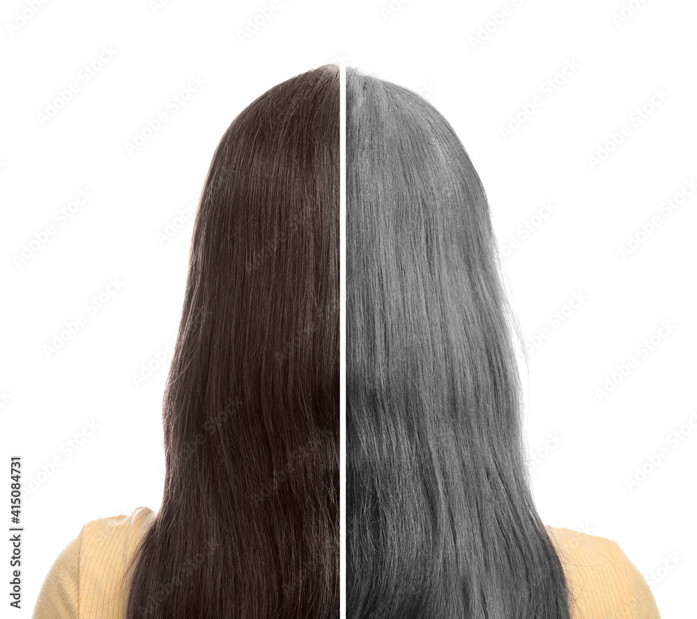 白色背景下年轻和灰色头发的女性对比，后视图