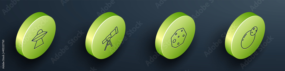 Set Isometric line UFO flying spaceship, Telescope, Asteroid and Planet icon. Vector.