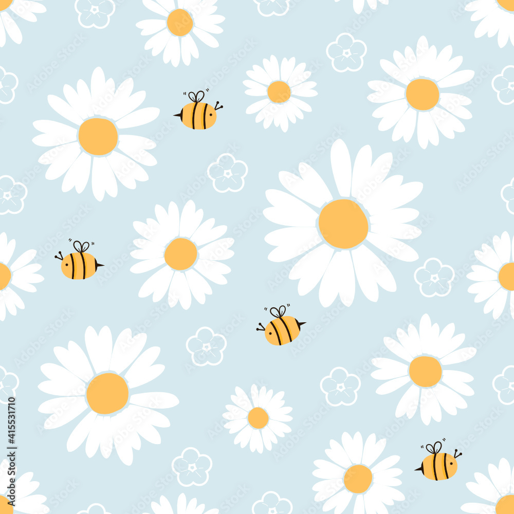 Seamless pattern with daisy flower and flying bee cartoons on blue background vector illustration.