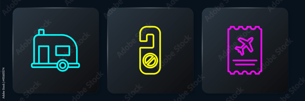 Set line Rv Camping trailer, Airline ticket and Please do not disturb. Black square button. Vector.