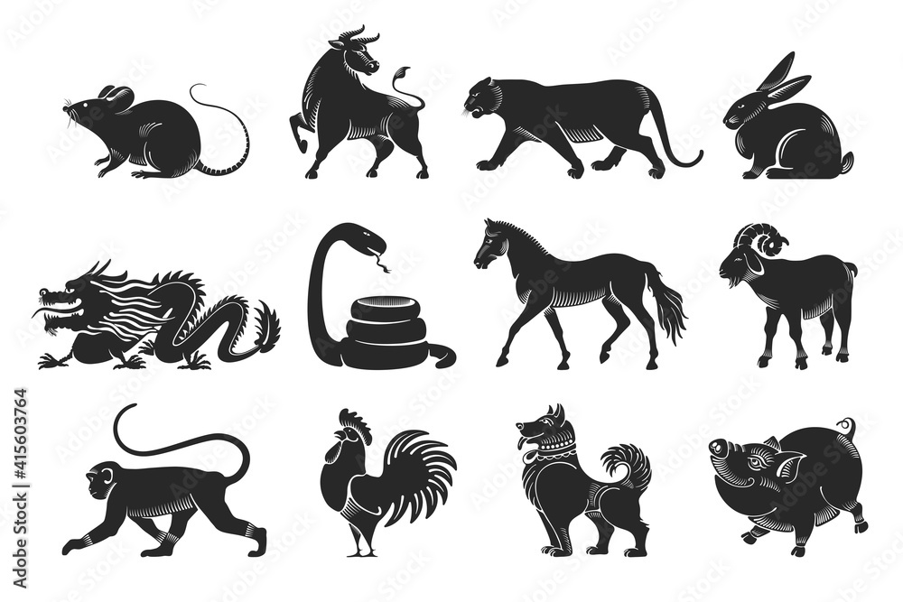 中国十二生肖套装。该套装由十二个以图形或雕刻方式绘制的动物剪影组成