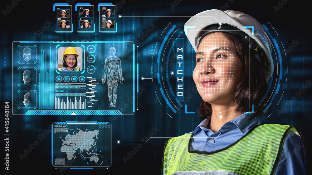 面部识别技术，用于行业工人访问机器控制。未来概念交互