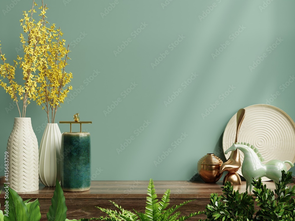 Interior wall mockup with green plant,Green wall and shelf.