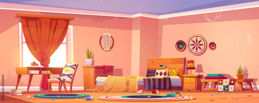 波西米亚风格的凌乱卧室，床、书桌、椅子、地板上的垃圾、脏毯子和窗帘。Vecto