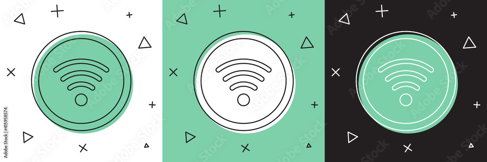 将Wi-Fi无线互联网网络符号图标隔离在白色和绿色、黑色背景上。Vecto