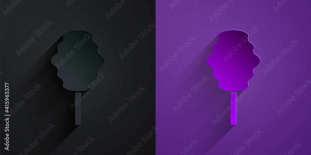 Paper cut Cotton candy icon isolated on black on purple background. Paper art style. Vector.