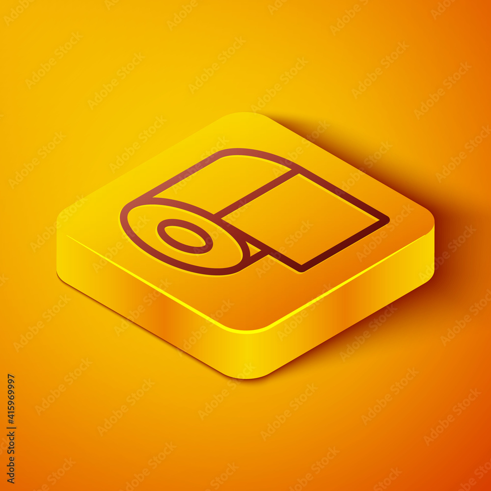 等距线，橙色背景上隔离的卫生纸卷图标。黄色方形按钮。矢量。