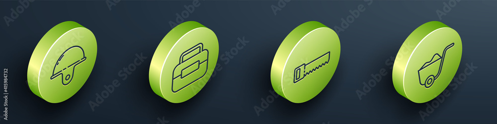 Set Isometric Worker safety helmet, Toolbox, Hand saw and Shovel icon. Vector.