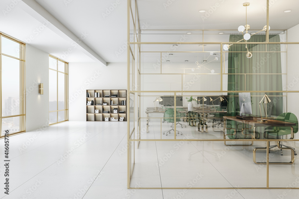 宽敞的办公室，绿色和金色的内部，玻璃墙橱柜和完美的家具