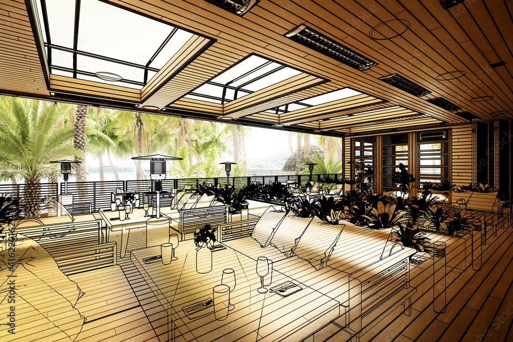 亚热带度假区内的露台餐厅区域（插图）-3D可视化