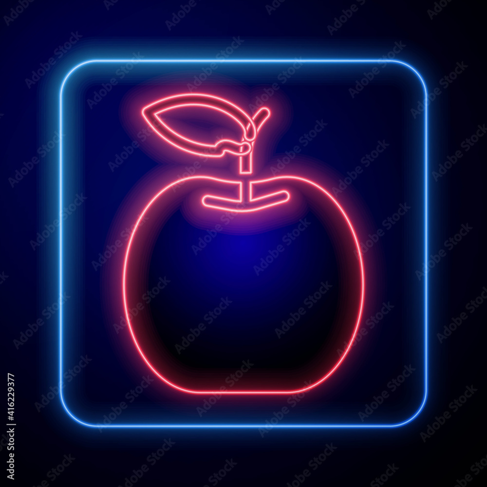 闪耀的霓虹苹果图标孤立在蓝色背景上。带有叶子符号的水果。矢量。