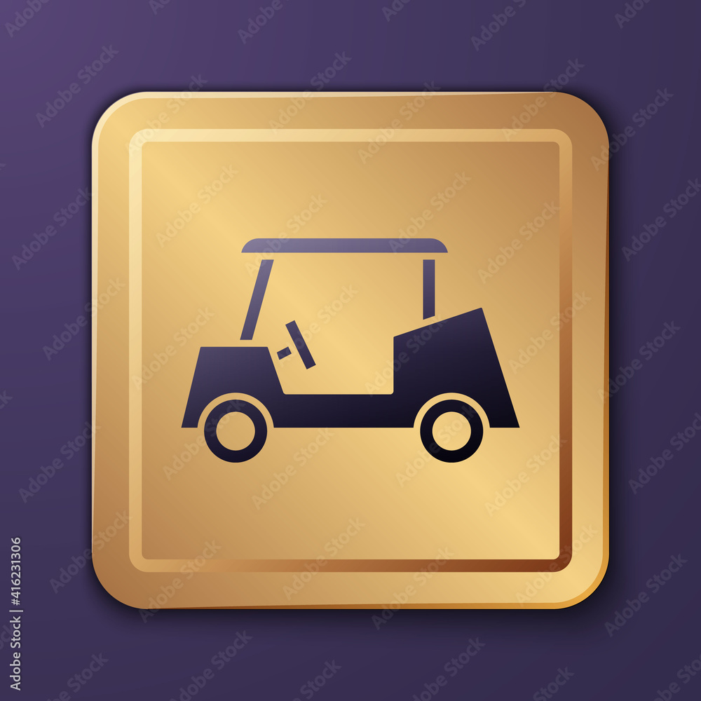 紫色高尔夫球车图标隔离在紫色背景上。高尔夫球车。金色方形按钮。矢量。