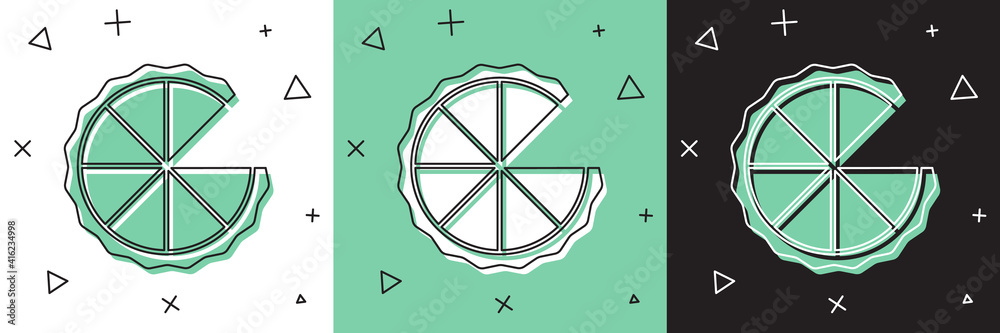 将自制馅饼图标隔离在白色和绿色黑色背景上。矢量。