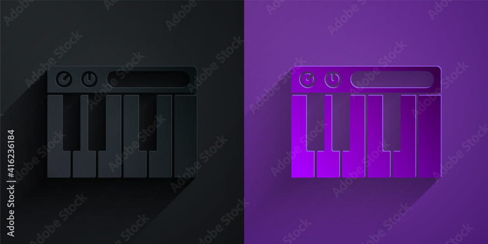 剪纸音乐合成器图标隔离在紫色背景下的黑色上。电子钢琴。纸艺