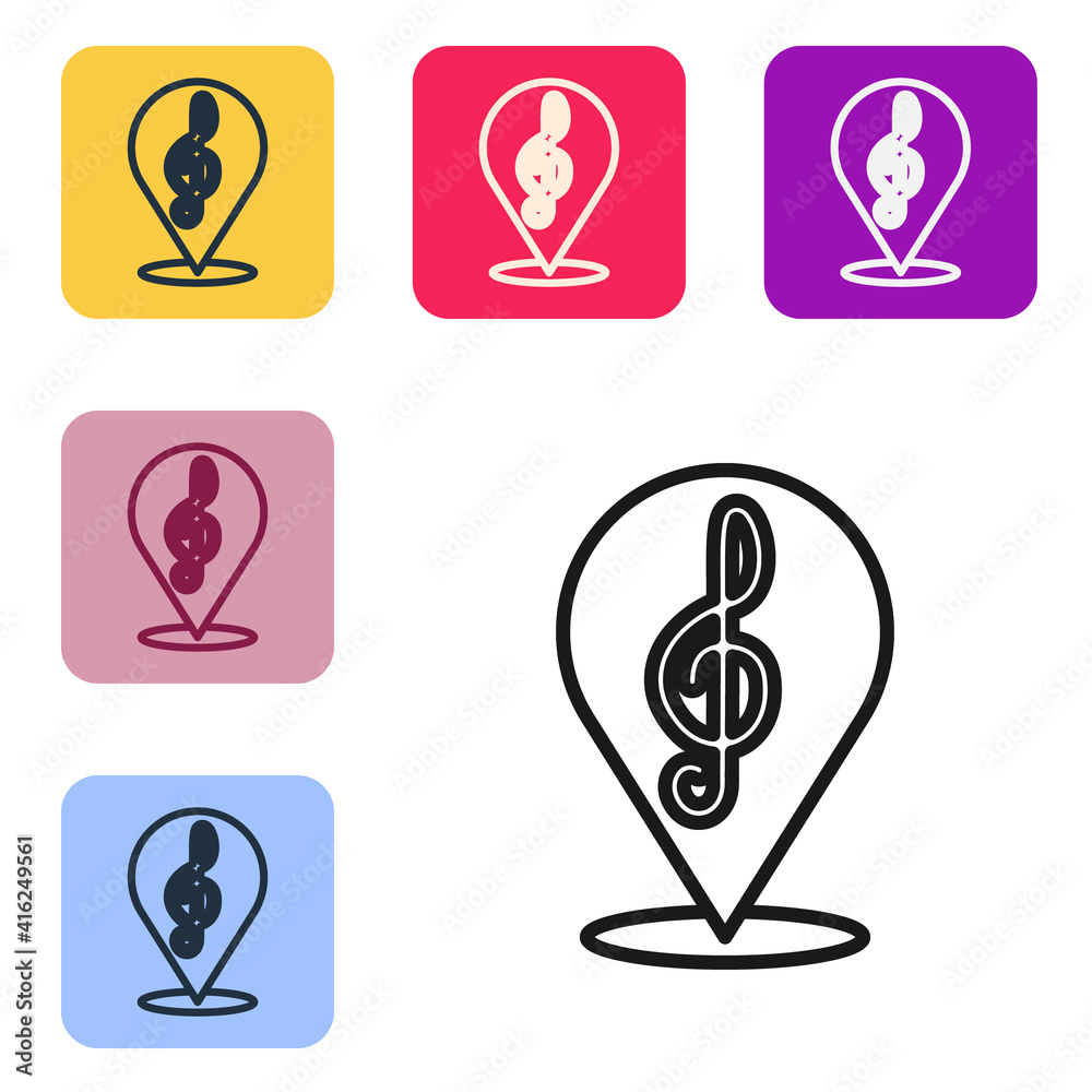 Black line Treble clef icon isolated on white background. Set icons in color square buttons. Vector.
