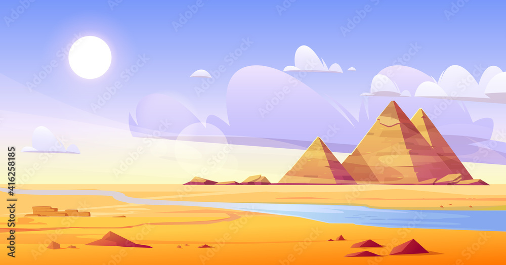 埃及沙漠中有河流和金字塔。黄沙景观的矢量卡通插图d