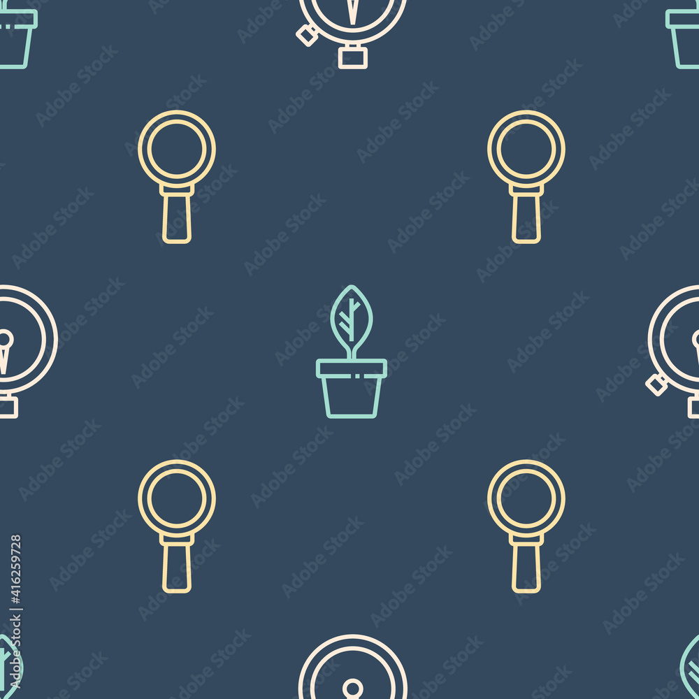 Set line Stopwatch, Magnifying glass and Plant pot on seamless pattern. Vector.