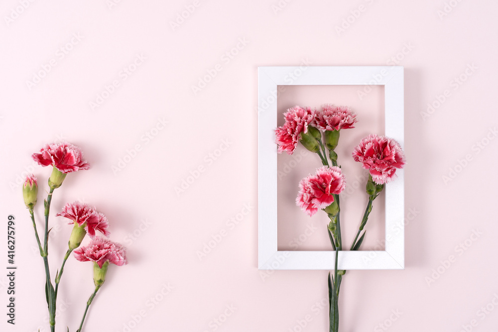 粉色背景康乃馨花束的母亲节节日问候概念