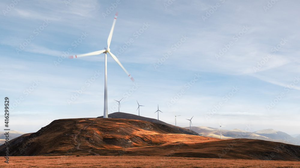 绿色可再生替代能源概念-风力发电机涡轮发电。Landsca