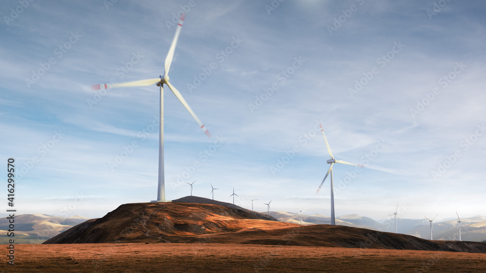 绿色可再生替代能源概念-风力发电机-涡轮机发电。Landsca