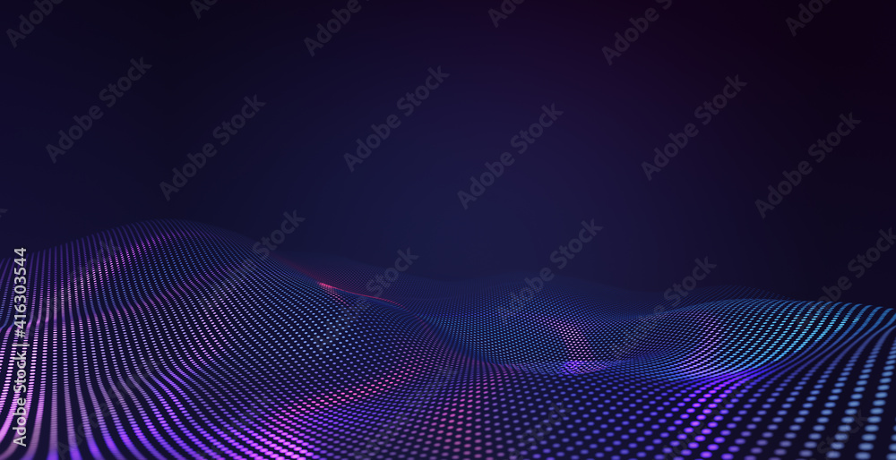 以紫色和紫色光波技术为背景的抽象五边形网格图案。