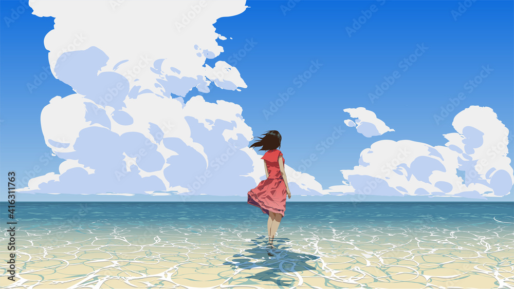 站在海上看夏日天空的女人，矢量插图