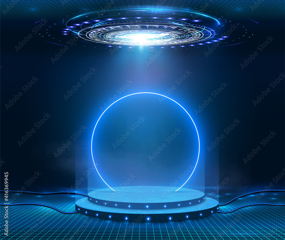 Fantastic modern futuristic neon blue circle, portal in smoke. Stage for product light platform. Cir