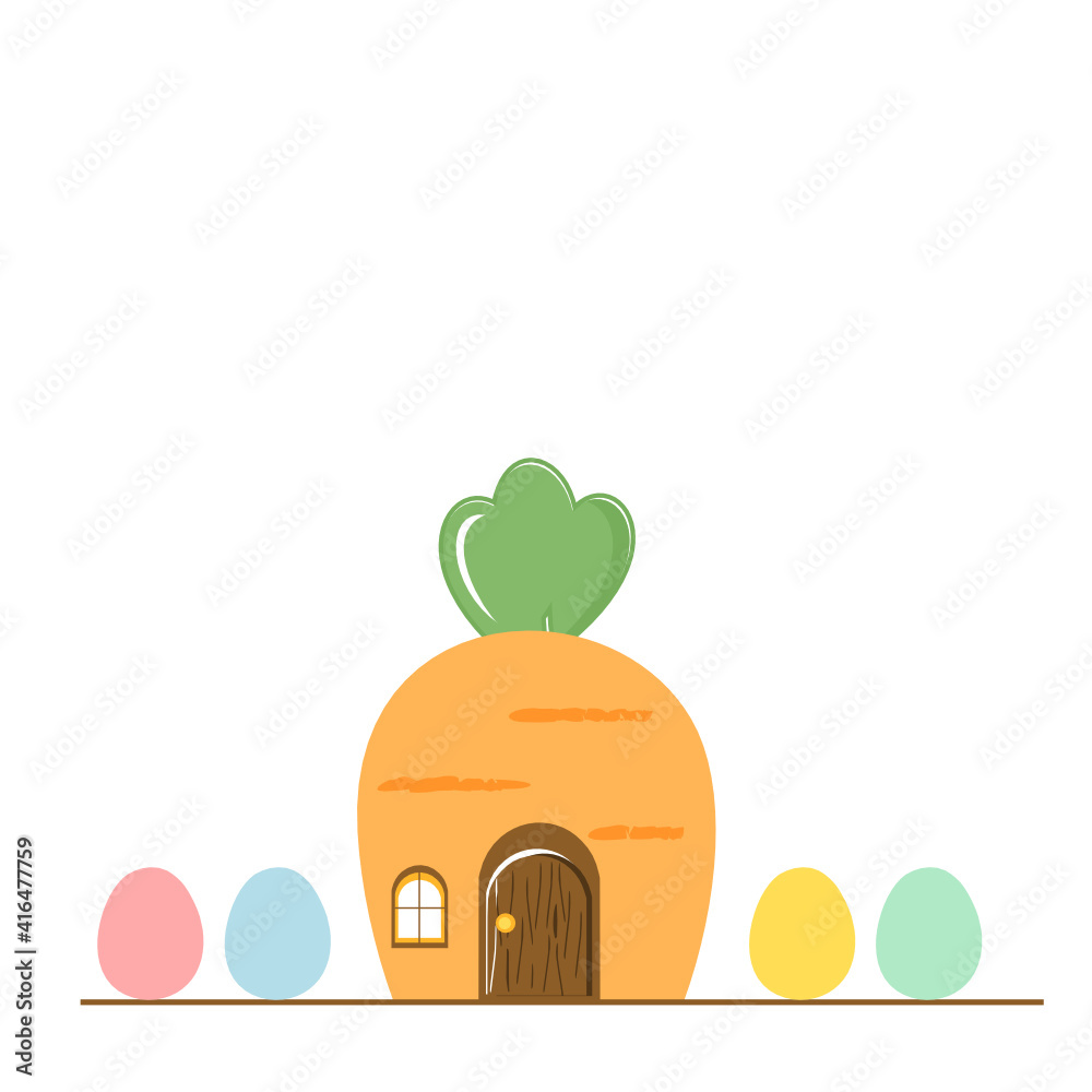白底矢量图上的胡萝卜屋和复活节彩蛋。