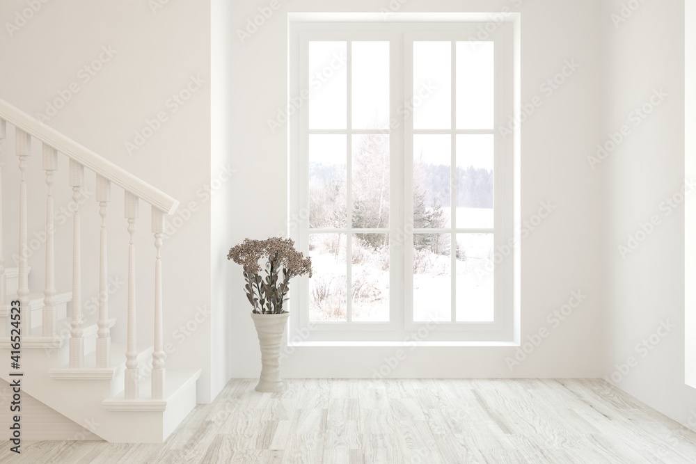 白色空房间的模型，窗户上有冬季景观。斯堪的纳维亚室内设计。