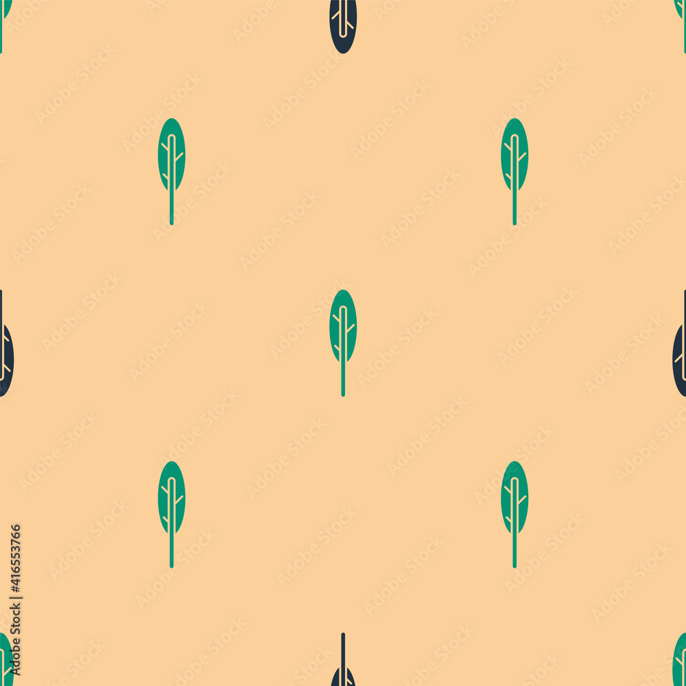 Green and black Feather pen icon isolated seamless pattern on beige background. Vector.