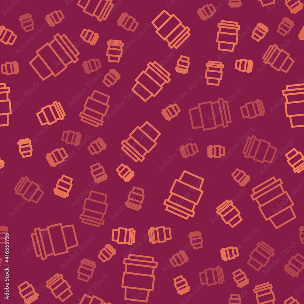 Brown line Coffee cup to go icon isolated seamless pattern on red background. Vector Illustration.