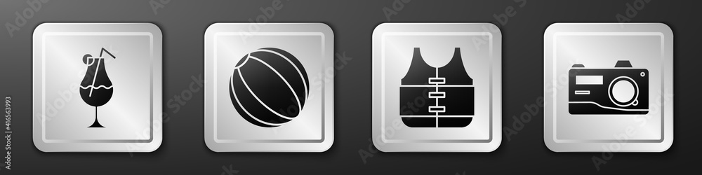 Set Cocktail and alcohol drink, Beach ball, Life jacket and Photo camera icon. Silver square button.