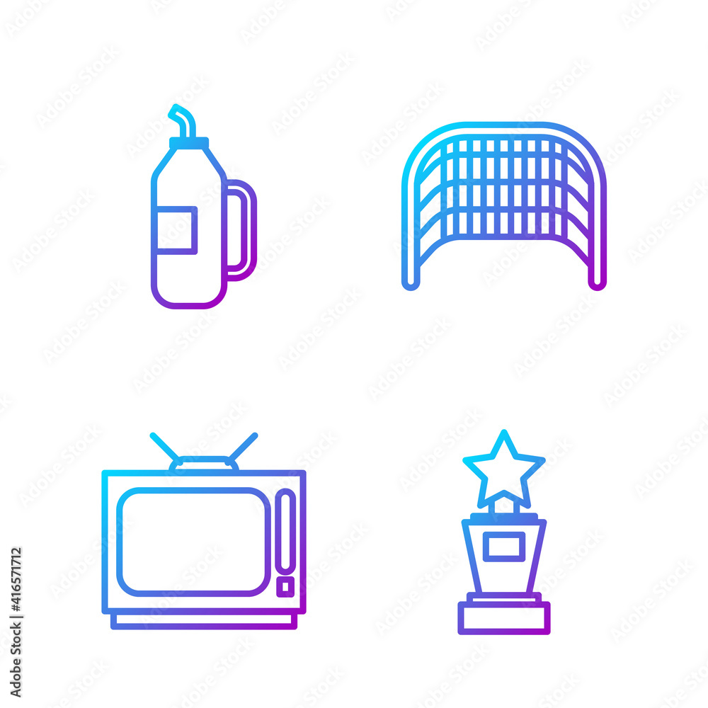 Set line Award cup, Retro tv, Fitness shaker and Ice hockey goal. Gradient color icons. Vector.