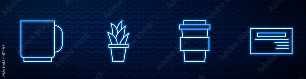 Set line Coffee cup to go, , Plant in pot and Business card. Glowing neon icon on brick wall. Vector