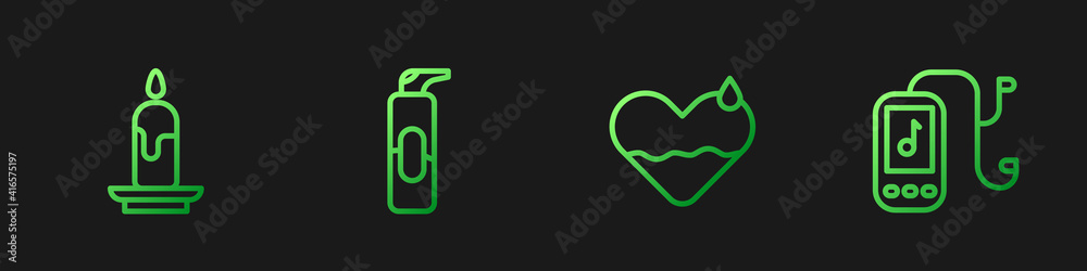 Set line Heart heal, Burning candle, Spray for hairspray and Music player. Gradient color icons. Vec