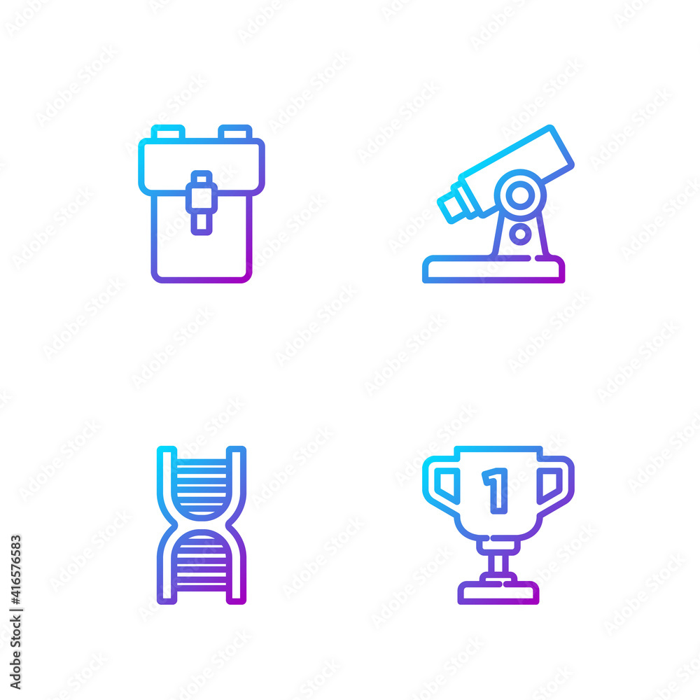 设线奖奖杯，DNA符号，学校背包和显微镜。渐变色图标。矢量。