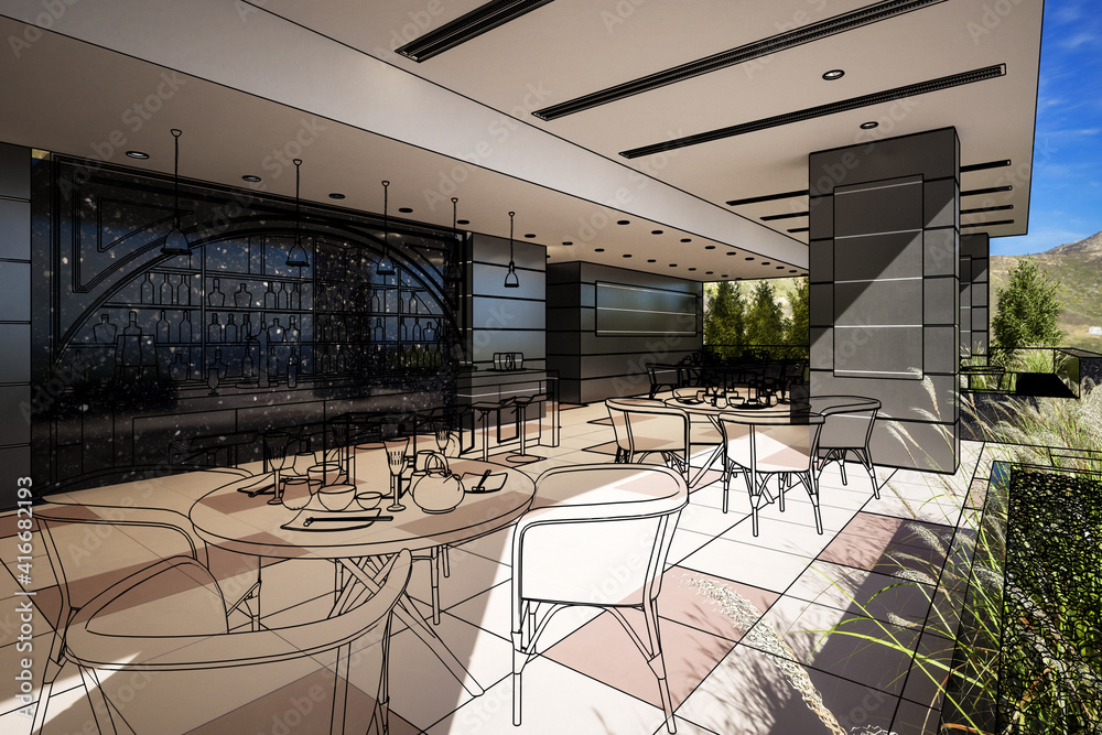 露台酒吧和餐厅（草图）-三维可视化