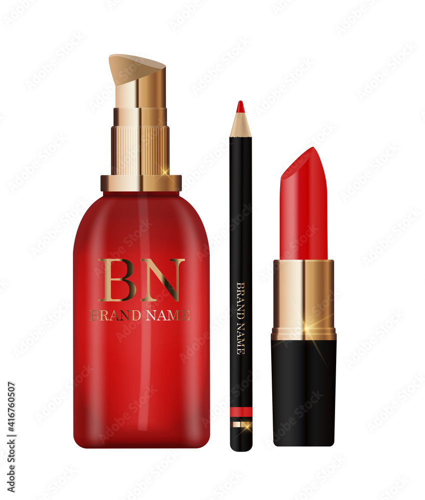 3D逼真红色口红、铅笔和化妆品奶油瓶时尚化妆品Pr设计模板