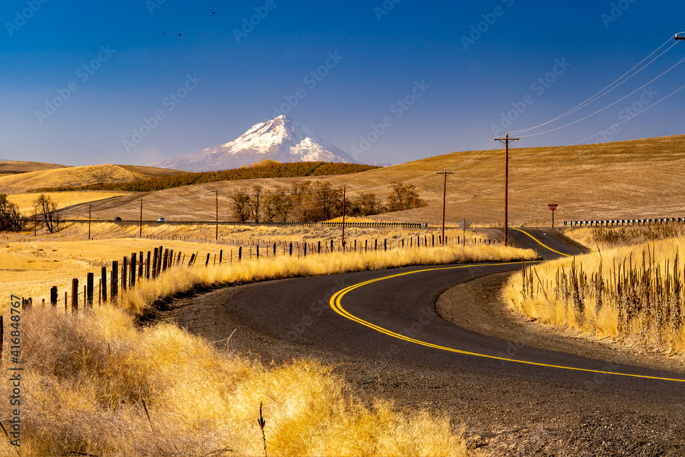 A farm and a curving country road with a wheat stubble firld and Mt Hood, near Dufur, Oregon