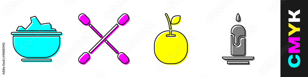 Set Sea salt in a bowl, Cotton swab for ears, Apple and Burning candle icon. Vector.