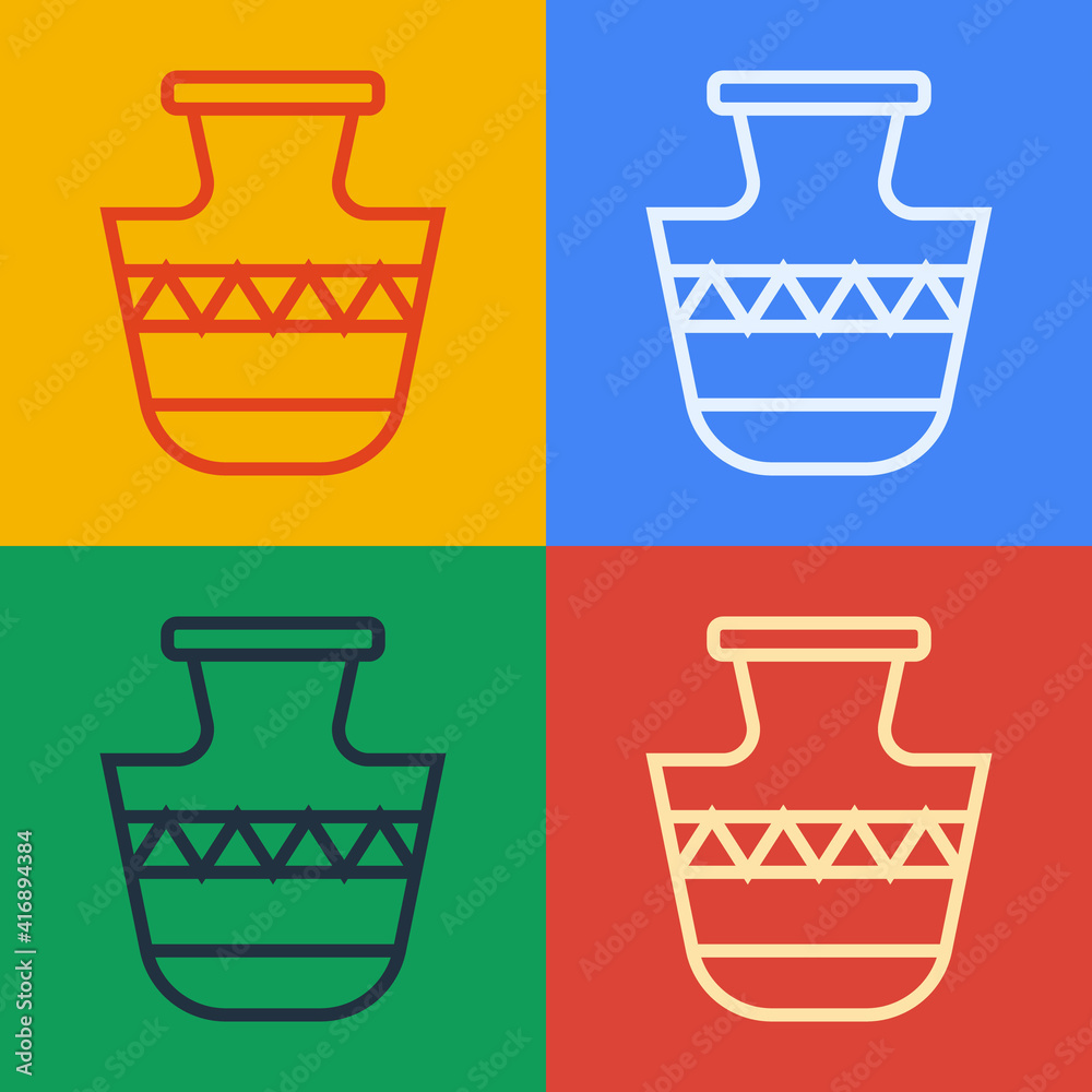 流行艺术线条在彩色背景上隔离的古代双耳瓶图标。矢量。