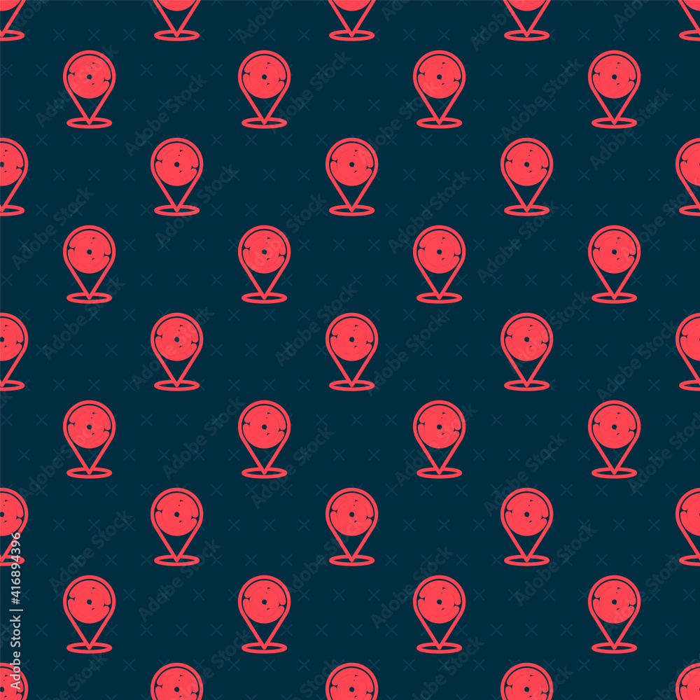 Red line Minotaur maze or labyrinth icon isolated seamless pattern on black background. Ancient Gree
