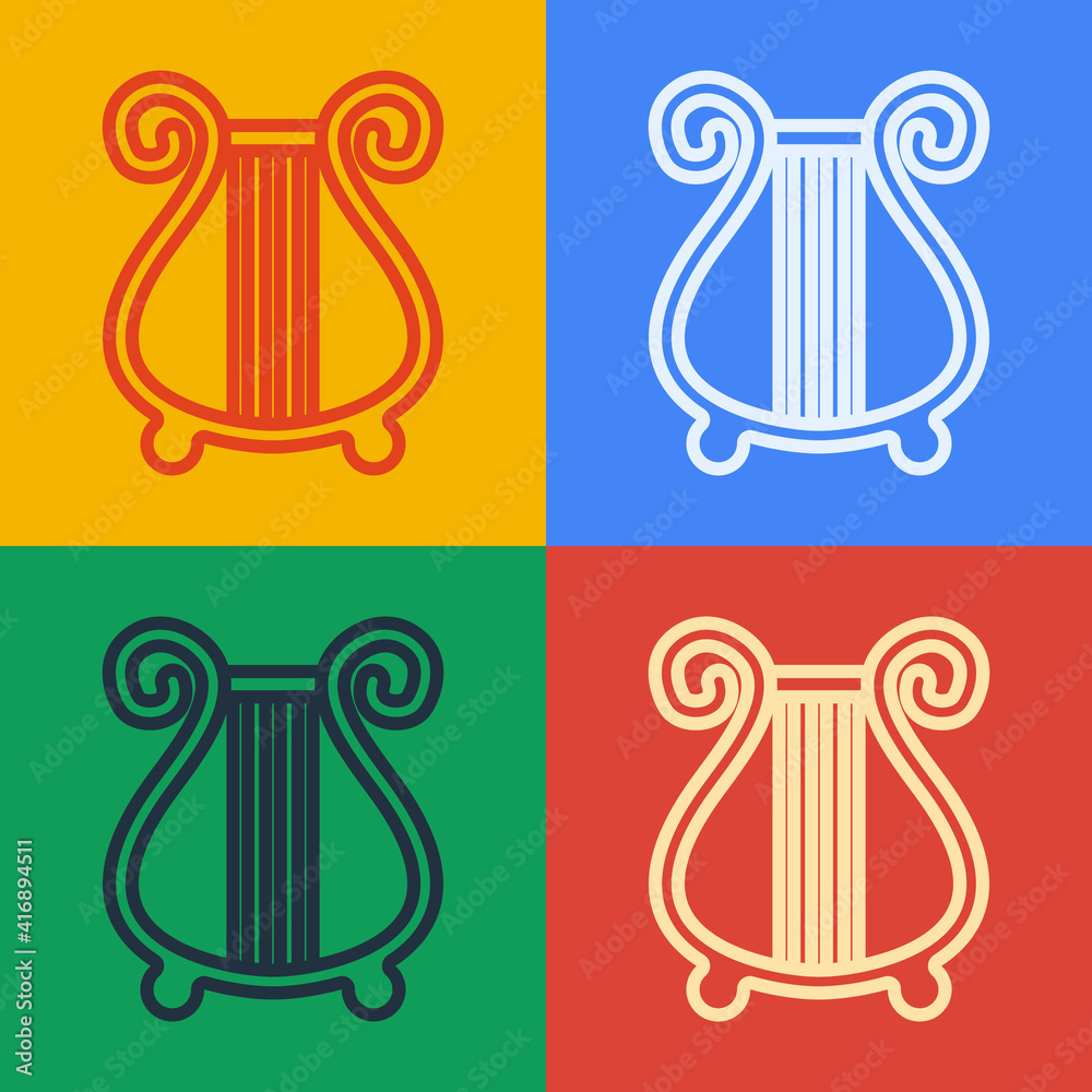 流行艺术线古希腊七弦琴图标孤立在彩色背景上。古典乐器，orhes