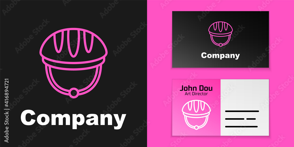 粉色线条自行车头盔图标，黑色背景。极限运动。运动装备。Logo des
