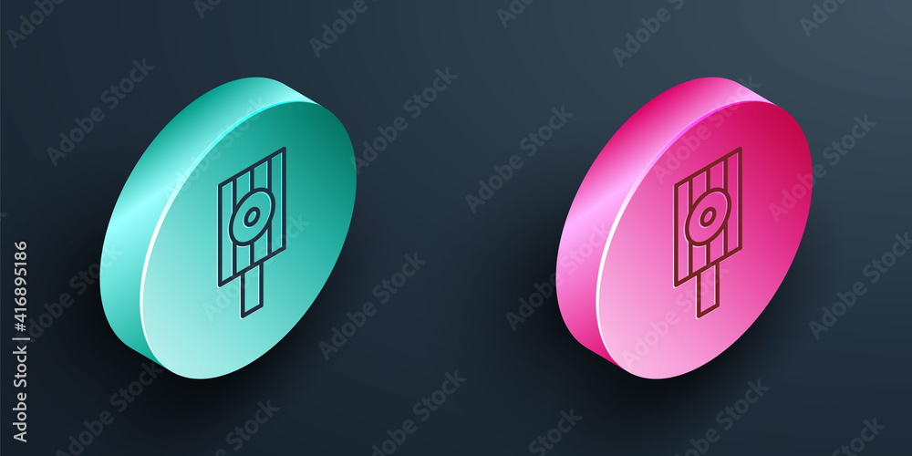 Isometric line Spray can nozzle cap icon isolated on black background. Turquoise and pink circle but