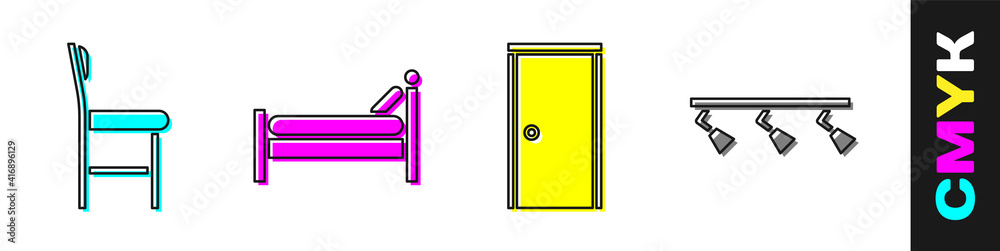 设置椅子、床、闭门和Led轨道灯图标。矢量。