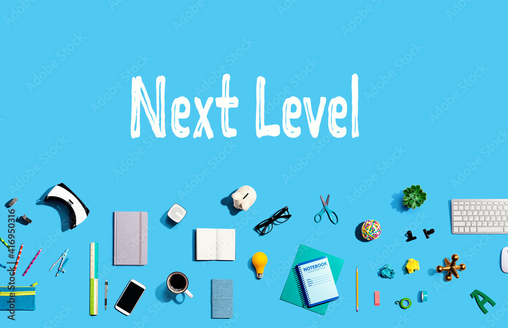 Next level concept with collection of electronic gadgets and office supplies